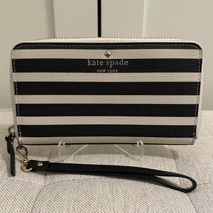 Kate Spade Black White Cream Stripe Zip Storybook Long Wallet French Girl Luxury